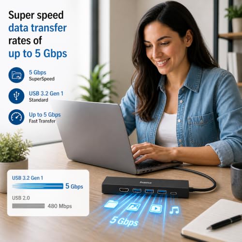 Image of HAMA 6-in-1 USB-C Hub /Docking Station with 4K 30Hz HDMI, Gigabit Ethernet, 3 x USB 3.2 Gen 1 Ports, 100W PD Charging, USB-C Multiport Adapter for Laptop, MacBook, PC & Tablet - 5 Year Warranty
