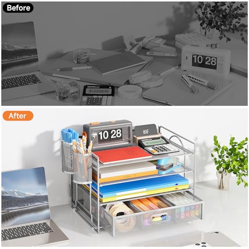 VITVITI Mesh Desk Organizer with Drawer, 4 Tier Desk Tidy Desktop Stationary Organiser Desk Tidy Organiser Storage with 2 Metal Mesh Pen Pencil Holders Pen Pot for Desk,Home, School,Office Accessories - Image 2
