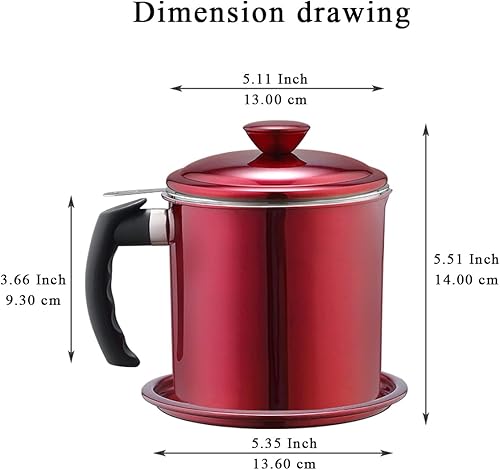 Miniatura 2 de Kyraton Recipiente de grasa de tocino con colador, recipiente de aceite de acero inoxidable rojo brillante de metal de 48 onzas, almacenamiento de