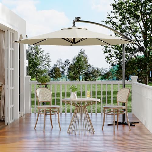 Garvee 10ft Solar Lights Offset Patio Umbrella, Cantilever Umbrella with Easy Lift & Tilt Adjustment, 8 Ribs Sun umbrella UV Protection for Backyard, Pool, Garden - Beige