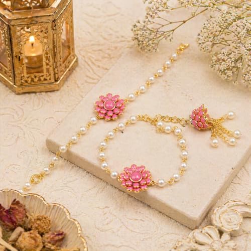 Image of JAIPUR ACE Pink Floral Couple Rakhi Bracelet | Gold Plated Hathphool Hand Harness with Pearl Chain | Elegant Rakhi for Bhai Bhabhi | Traditional Ethnic Hand Jewelry for Raksha Bandhan & Festivals