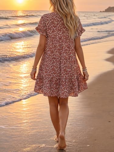 Image of Chuanqi Womens Ruffles Boho Floral Printed Babydoll Loose Swing Casual Short Mini T-Shirt Dress