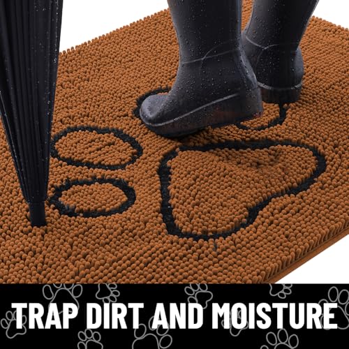 Image of Smiry Dog Door Mat for Muddy Paws, Absorbent Dirt Trapper Non Slip Quick Dry Washable Chenille Mat for Mud Dogs, Entry Rug for Indoor and Outdoor (48x30 Inches, Ochre and Black)