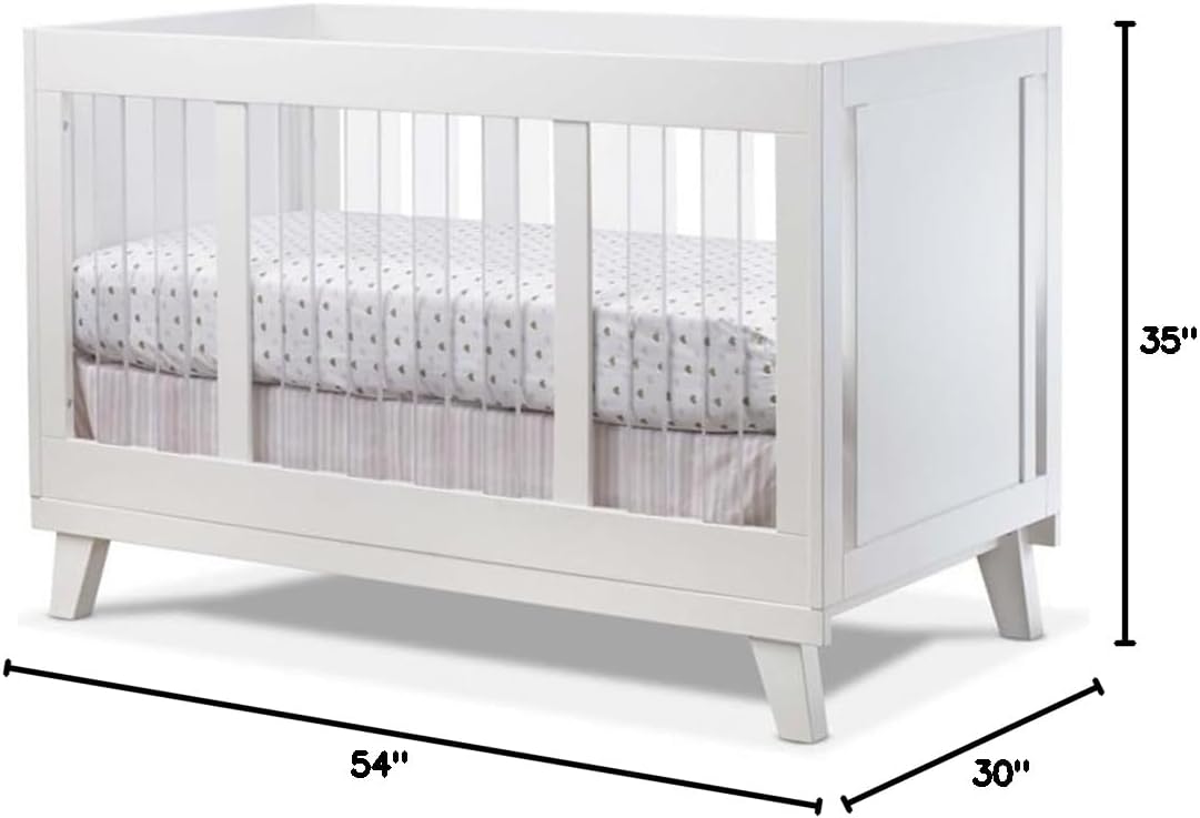 Pemberly Row Modern Wood and Acrylic Crib, 54" W x 30" D x 35" H, White Finish, Convertible to Toddler Bed and Full-Size Bed, Multiple Mattress Heights, Baby Nursery Furniture