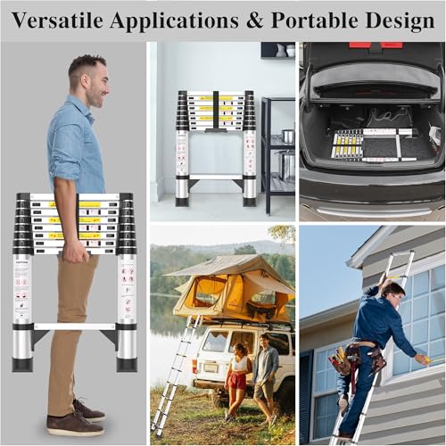 Image of Telescoping Ladder, 8.5 FT Aluminum Extension Ladder, 330 Lbs, Silver | Telescopic & Retractable, Collapsible Extendable Ladder for House, Roof, RV & Travel Trailer