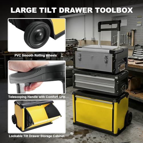 Image of Stackable Rolling Tool Box Portable Metal Toolbox Organizer with Wheels and 2 Drawers Separate Rolling Upright Trolley Tool Chest for Garage or Workshop,Yellow