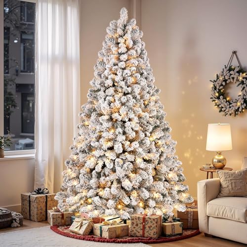 Image of SHareconn 6.5ft Snow Flocked Spruce Pre-lit Artificial Christmas Tree,White