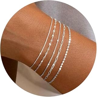 MBW Dainty Silver Plated Bracelets for Women - 5pc Stackable Adjustable Waterproof Set, Trendy Minimalist Thin Jewelry Teen Gift