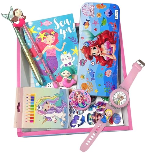 Image of 9 in 1 Mermaid rakhi Gift Combo Set For Girls Kids cute stylish Gift box Stationery Set Age 6-8 Years 10-12 Year I Diary, Stickers, pen, pencil case, badge, Eraser, watch& colors
