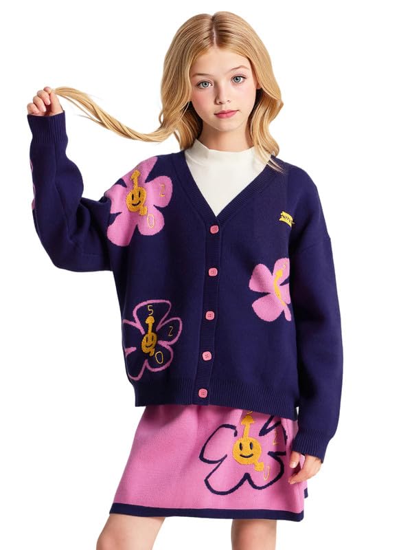 Girls Purple Black Knit Cardigan Long Sleeve with Smiley Flowers & Pink Buttons Sweater for Girls 6-16Y