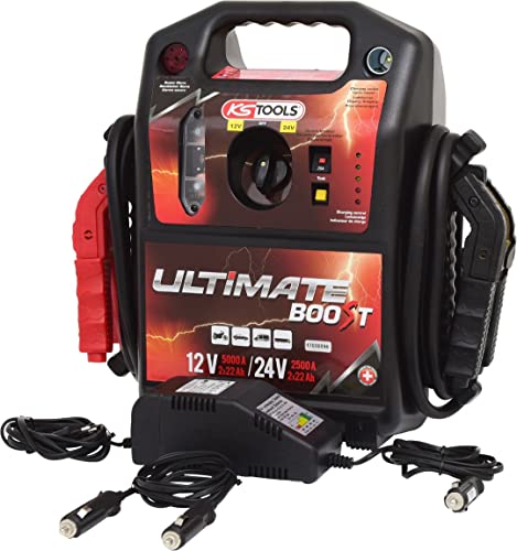 KS TOOLS 550.1820, Booster Batterie Voiture, Chargeur Batterie de 12V/24V et 2500A/5000A, Booster Batterie pour Moteurs Essence et Diesel du VL au VUL, Cable de Demarrage Voiture Renforcé Noir/Rouge