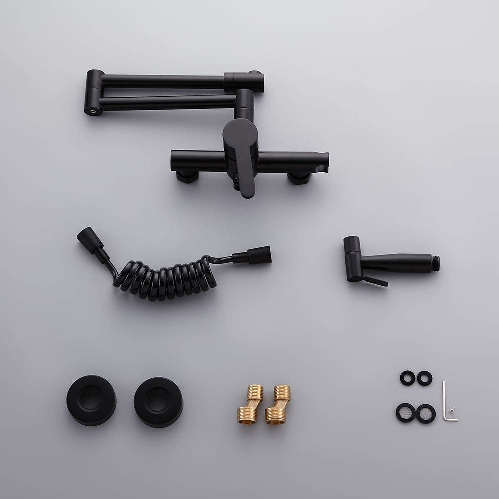 Grifo de fregadero de cocina negro con rociador, moderno grifo retráctil de montaje en pared con brazo oscilante en latón macizo negro mate