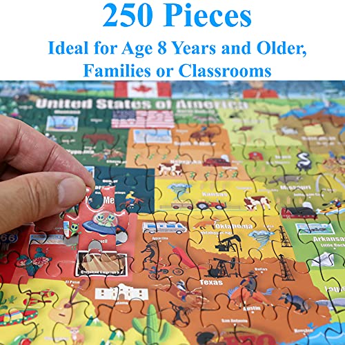 Think2Master United States Map 250 Pieces Jigsaw Puzzle Fun Educational Toy For Kids, School & Families. Great Gift For Boys & Girls Ages 8+ To Stimulate Learning Of Usa. Size: 14.2” X 19.3” #TOP1