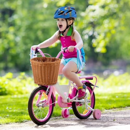 POWZOO Fahrradkorbs Kinder,Abnehmbar Fahrradkorb aus Rattan mit Lederriemen.