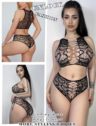 Avidlove Womens Fishnet Lingerie Set Sexy Two Piece Lingeries Hollow Out Stripper Outfit Heart Print Mesh Crop Tops3