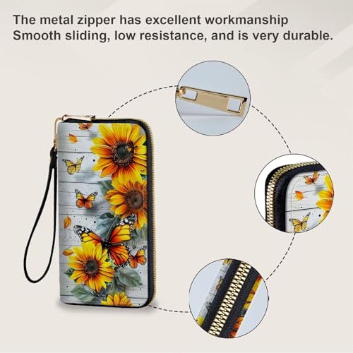 Women's Card Holder Wristlet Wallet, Convenient Travel Long Wallet with Strap and Pink Compact Mirror, Fashion and Sturdy Wristlet Long Purse for Women, Sunflowers Butterflies4