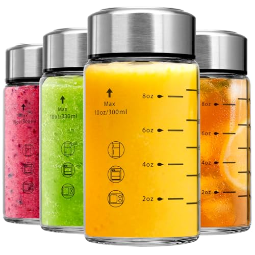 4 Pack 10 Oz - Wide Mouth Glass Water Bottles With Lids - Borosilicate,stainless Steel Lids For Juicing, Smoothies, Infused Water, Beverage Storage, Leakproof, Reusable,bpa Free