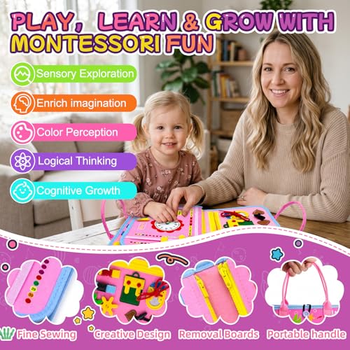 Image of Montessori Busy Board for Toddlers 1-3, 4 Pages 15+ Activities Sensory Toy, ABC Numbers Colors Learning, Toddler Quiet Book Travel Toy, Preschool Educational Gift for Boys Girls, Pink Mermaid