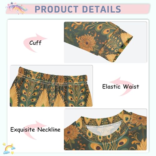 senya Peacock Feather Gold Pajamas Set Long Sleeve Soft Cotton Sleepwear 2 Piece4
