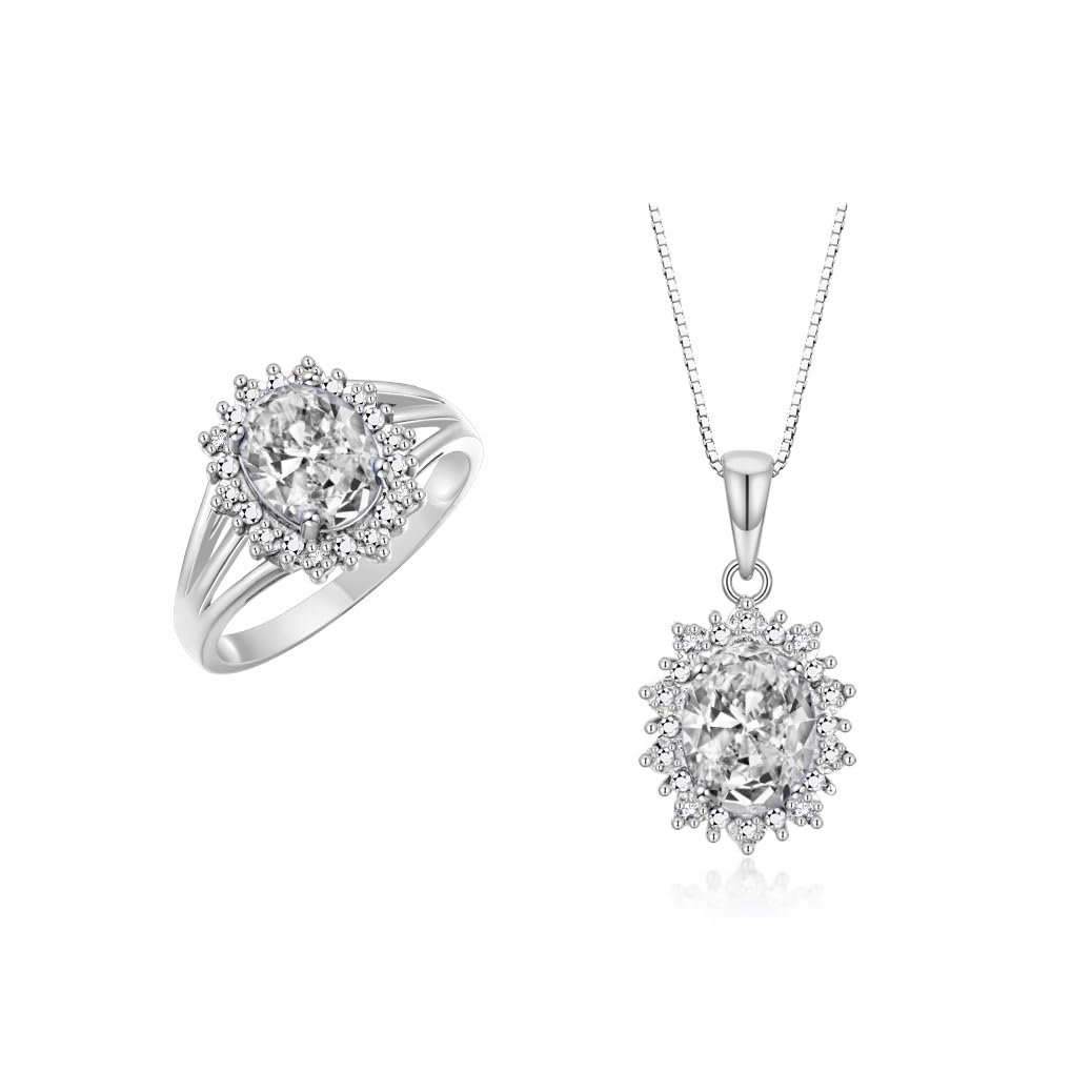 Rylos Women's Sterling Silver Princess Diana Ring &amp; Pendant Set. Gemstone &amp; Diamonds, 9X7MM Birthstone. Matching Friendship Jewelry, Sizes 5-10.