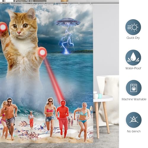 Image of Aimego Stall Small Shower Curtain - Funny Cute Cool Ocean Cat with Weird Adults Beach UFO Fun Narrow Half Fabric Cloth Shower Curtain Set for Bathroom Decor Accessories Bath Curtain, 36 inchx72 inch