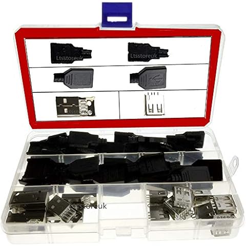 DIY USB 2.0 Connector Plug A Type Male 4 Pin and A Type Female 4 Pin Assembly Adapter Socket Solder Type Black Plastic Shell for Data Connection,Pack of 20 Pairs Cover