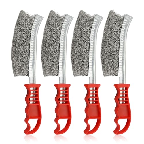 WIYETY Lot de 4 brosses métalliques : brosse en acier inoxydable, petites brosses métalliques avec poils, brosse métallique manuelle avec poignée incurvée, brosse en acier pour le nettoyage des