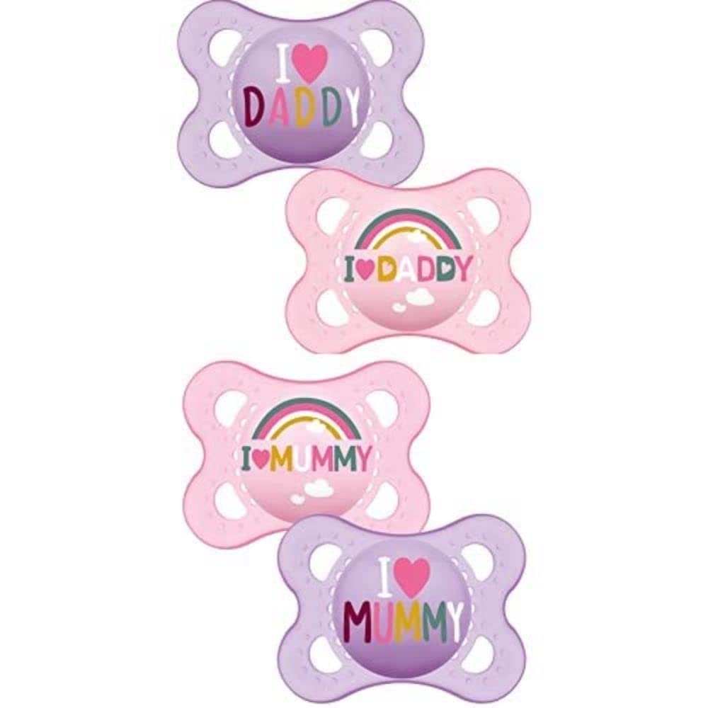 MAM Style 0+ Months (Pack of 2), Baby Soothers with Self Sterilising Travel Case, Newborn Essentials, Pink, I Love Daddy (Designs May Vary) + MAM Style 0+ Months (Pack of 2), Pink (Designs May Vary)