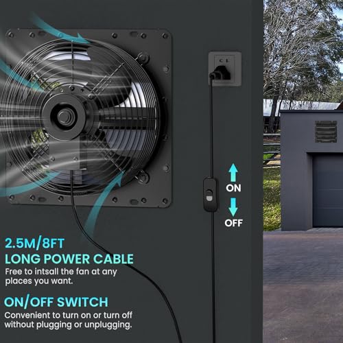 Image of HG Power 10 Inch Shutter Exhaust Fan, 647CFM Quiet Garage Exhaust Fan with 8 Foot Long ON /OFF Switch Cable for Chicken Coop, Shed, Basement, Gable, Kitchen, Attic Ventilation Use, Black