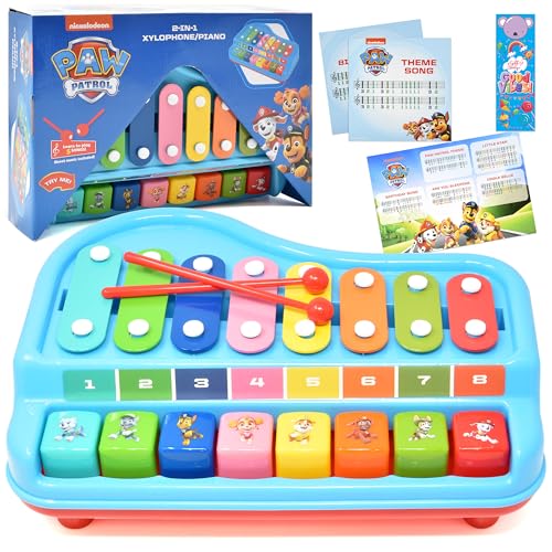 Paw Patrol 2 in 1 Baby Piano Xylophone Toy for Kids Toddlers Girls Boys Musical Instrument with Multicolored Keys Keyboard Sheet Music Two Mallets