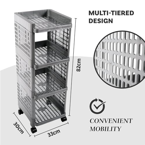 Image of Kuber Industries Pack of 6 Storage Rack with Wheels | 4-Layer Storage Organizer Rack | Kitchen Spice Rack | Multipurpose Layer Storage Rack for Home and Office | Office Storage Trolley | Grey