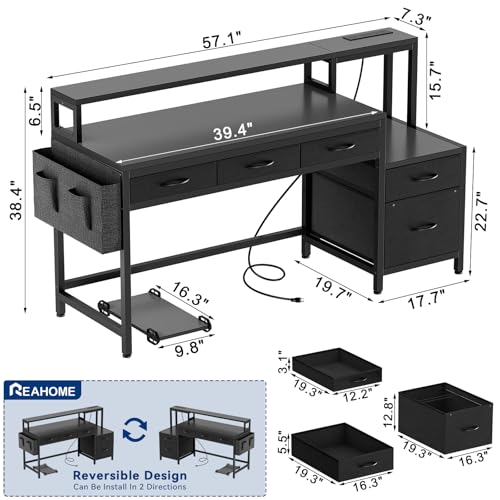 Image of REAHOME 61 Inch Gaming Desk with Charging Station and LED Lights, Reversible Computer Desk with Storage Drawer and Monitor Stand, Modern Desk Table with File Cabinet & Side Pocket, Carbon Fiber Black