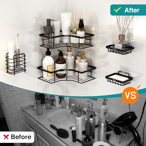 Image of Plantex Alloy Steel Self Adhesive Bathroom Shelf Rack /Bathroom Organizer Without Drill /Soap Dish /Multipurpose Corner Shelf for Bathroom Wall /Soap Holder /Tumbler Holder-Combo(Black)