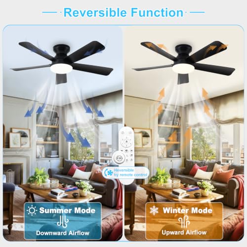 Image of Depuley Ceiling Fan with RGB Light: 42-Inch Black Small Fans for Bedroom Indoor Outdoor - Dimmable Low Profile Ceiling Fans with Remote Control Flush Mount 5 Reversible Black Blades 6 Speeds Timer