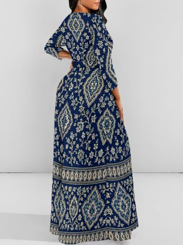 Image of Women Plus Size Long Sleeve V Neck Maxi Dress with Belt | Soft fabric relaxed fit three quarter sleeve v neck with pockets for party and daily wear