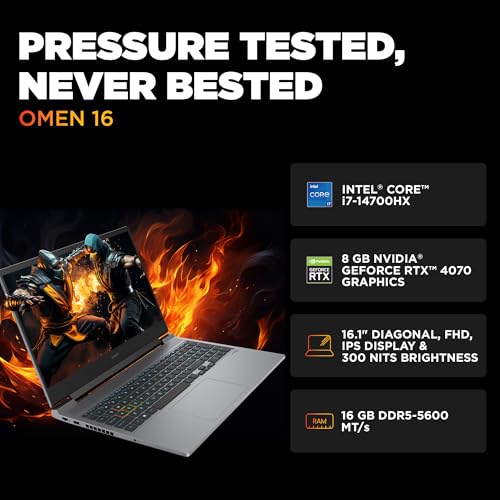 Image of HP Omen, 14th Gen Intel Core i7-14700HX, 8GB RTX 4070 (16GB DDR5, 1TB SSD) 165Hz, 300nits, IPS, FHD, 16.1 inch /40.9cm, Win11, M365* Office 24, Meteor Silver, 2.31Kg, RGB Backlit, ae0003TX, Gaming Laptop