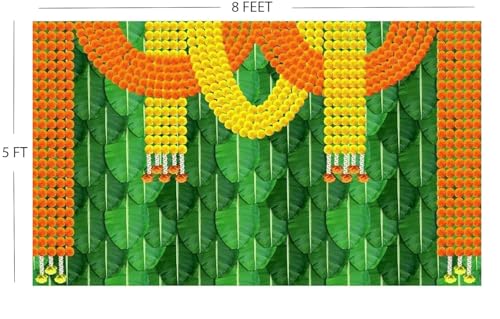 Image of Ganesh Decoration Cloth Backdrop for Pooja Ganesh Backdrop Curtain with Banana Leaves Flowers (Design 8, 8X5)