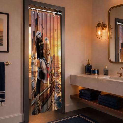 Image of Small Stall Shower Curtain Rv Black Cat, 48 x 72 Inchs | for Camper Stand Up Shower, Fun Orange Cat Pattern Design, Narrow Bathroom Decor Sets Waterproof Cloth Fabric, with Hooks