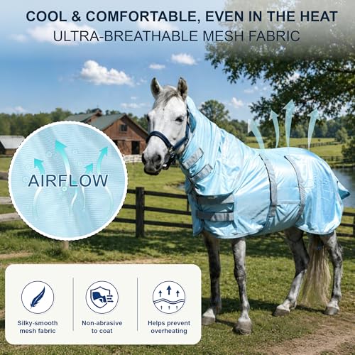 Image of Fly Sheet for Mini Horse /Pony /Foal & Weanling /Yearling /Donkey - Detachable Neck Cover & Belly Wrap, Lightweight Airflow Mesh Summer Sheet for Pasture & Stable, UV Protection Cyanblue 60 inch