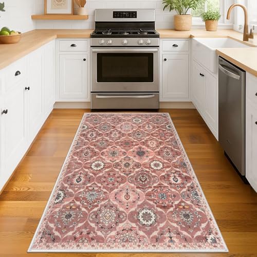 KILOCOCO 3x5 Moroccan Super Soft Area Rug Washable Living Room, Vintage Floral Rug Indoor Non-Slip, Print Faux Wool Accent Indoor Entryway Rug for Laundry Room Playroom Office, Terracotta