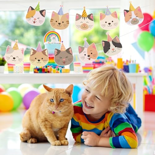 Image of Cat Birthday Banner for Cat Birthday Party Decorations Funny Cats Face Banner Garlands for Kids Girls Boys Party Supplies
