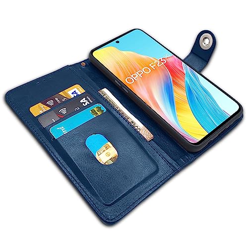 Image of Pikkme Oppo F23 5G Flip Cover Leather Finish | Inside TPU with Card Pockets | Wallet Stand and Shock Proof | Complete Protection Button Flip Case (Blue)