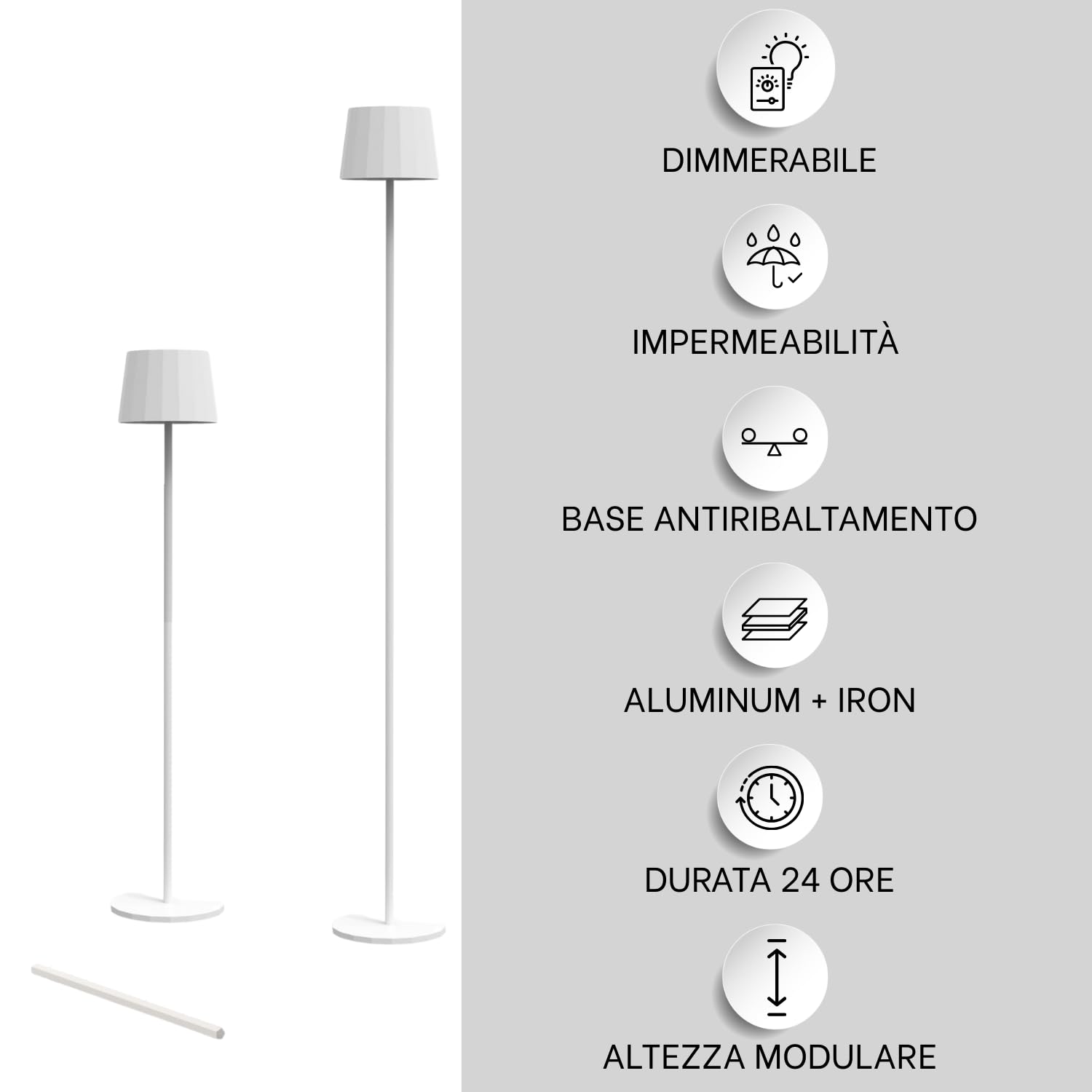 Floor Piantana Dimmerabile Senza Fili Impermeabile IP54 in Alluminio Autonomia 23 Ore, Lampada Led Ricaricabile con Touch Control e Base Antiribaltamento, Altezza Modulare (Bianco)