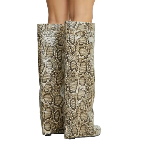 Image of Knee High Boots Womens Wedge High Heels Shark Boots Fold Over Pull-on Pointed Toe Tall Fashion Boots for Women