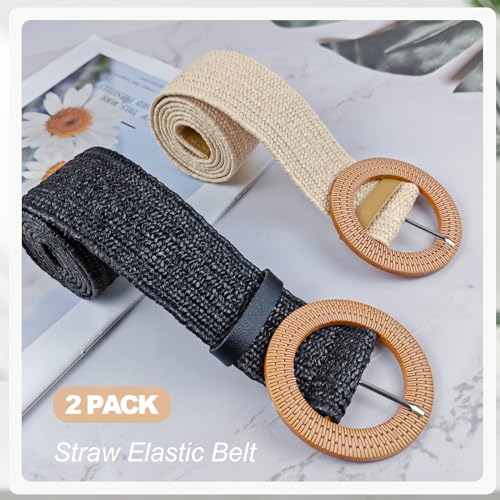 2 Pieces Adjustable Straw Woven Belt with Belt Buckle for Women, Wide Fashion Boho Waist Belt Band for Dress Jeans3