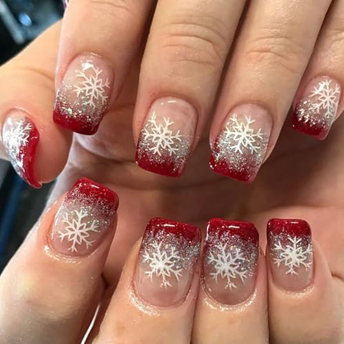 Christmas Press on Nails Short Square With French Glitter Design, Snowflake Fake Nails Red Glossy Sparkly Silver Xmas White Snow Full Cover Glue on Winter Stick on for Women