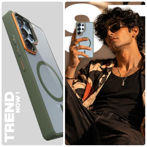 Image of Pikkme Back Cover for Samsung Galaxy S25 Ultra 5G | Shockproof | Mag-Safe Compatible | Hard Transparent Back | Premium Raised Camera Protection | Bumper Case (Green Mag-Safe)