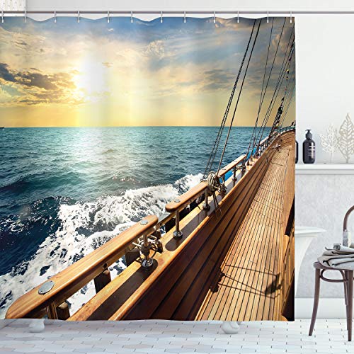 ABAKUHAUS Nautical Shower Curtain, Sailboat in Mediterranean Waves at Sunset Sky Relax Yacht Wind Relax Scenery
