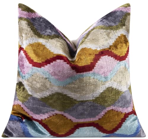CANVELLO Handmade Velvet Throw Pillow - 16x16 Inches, Naturally Vegetable-Dyed, Premium Down Feather Insert - Multicolor Wave Pattern, Luxury Home Decor Accent