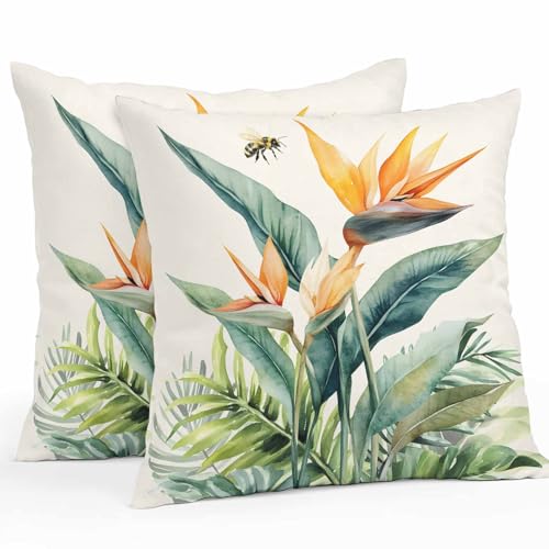 Juego de 2 fundas de almohada impermeables de verano para exteriores, diseño de flores tropicales, hojas de palma, abeja, granja, fundas de...